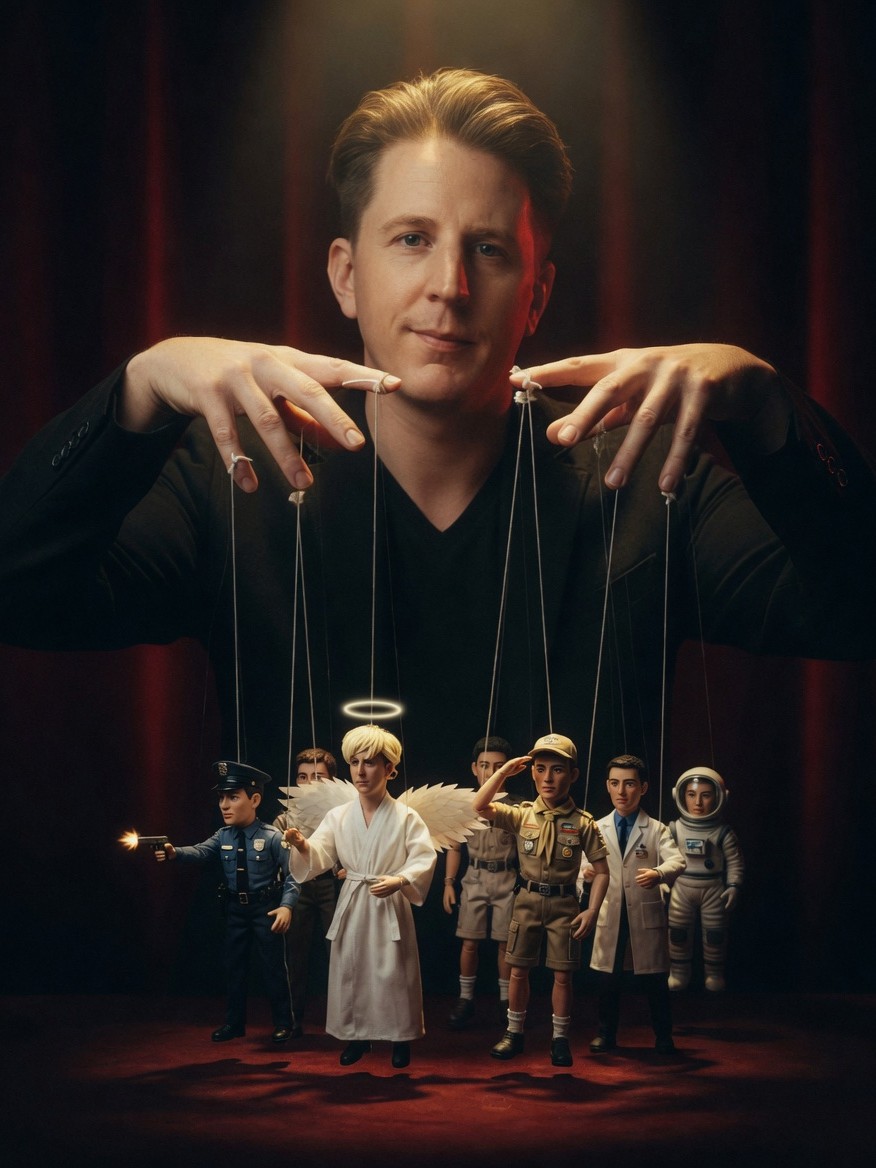 Fronk as puppeteer of his cast of characters